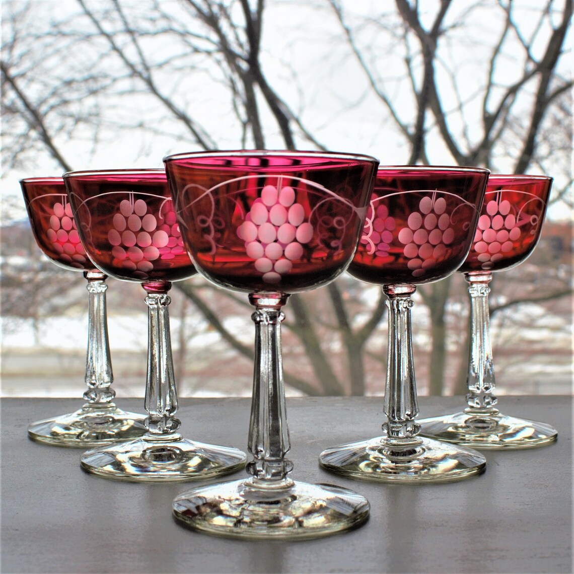 Vintage Cranberry Etched Coupe Glasses - Grape Vine Pattern, Set of 6