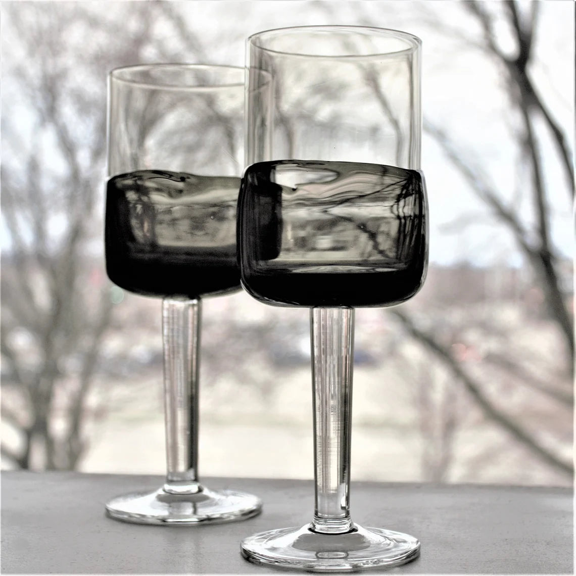 Handmade Smokey Black Wine Glasses - Mid Century Modern Set of 2