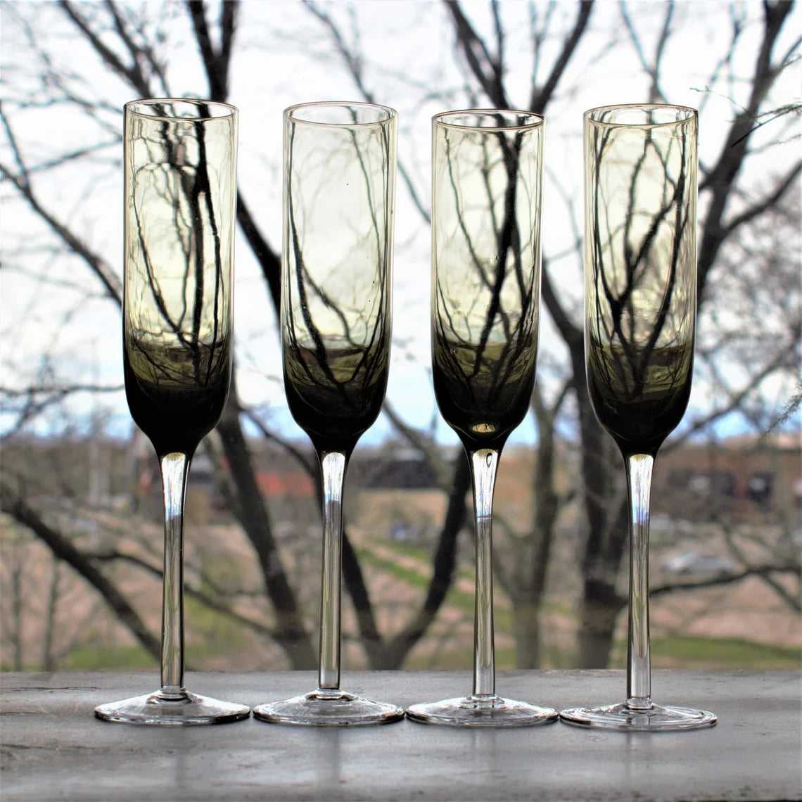 Mid-Century Modern Champagne Flutes: Set of 4 Smoky Brown Toasting Glasses