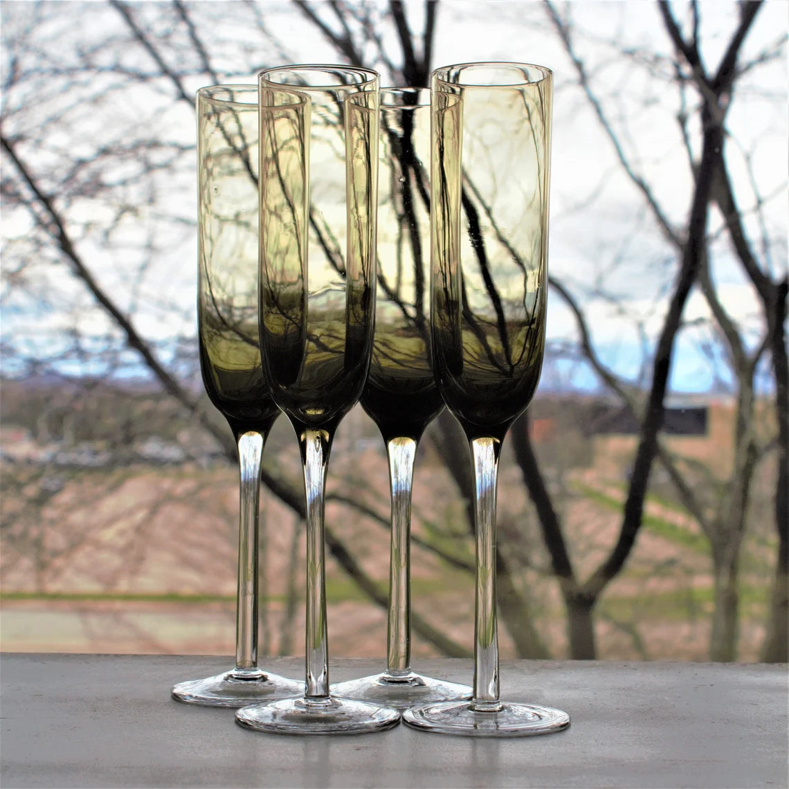 Mid-Century Modern Champagne Flutes: Set of 4 Smoky Brown Toasting Glasses