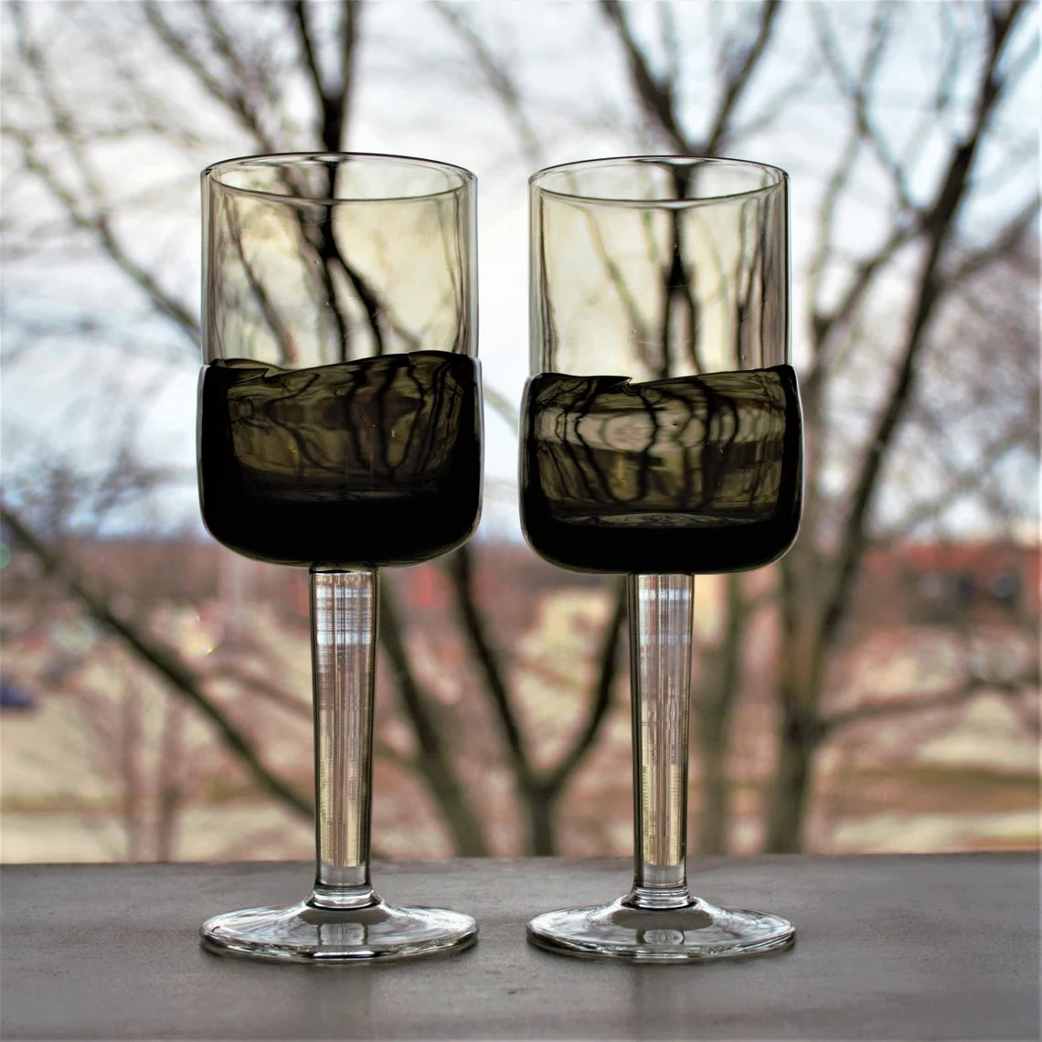 Handmade Smokey Black Wine Glasses - Mid Century Modern Set of 2