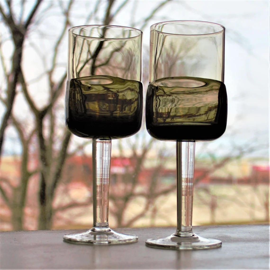 Handmade Smokey Black Wine Glasses - Mid Century Modern Set of 2