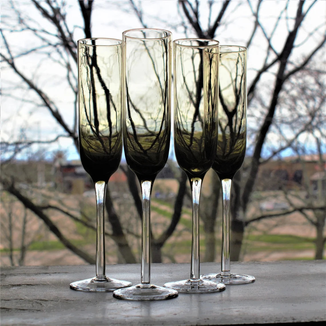 Mid-Century Modern Champagne Flutes: Set of 4 Smoky Brown Toasting Glasses