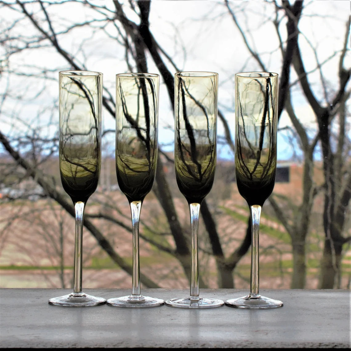 Mid-Century Modern Champagne Flutes: Set of 4 Smoky Brown Toasting Glasses
