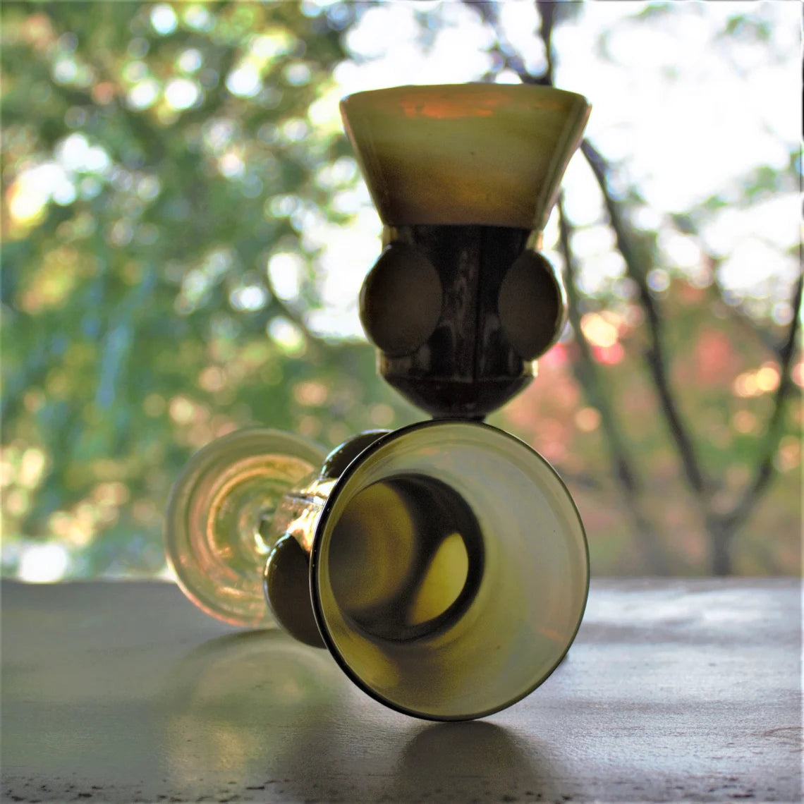Hand Blown Amber Swirl Wine Goblets with Brass Details - Set of 2 Cased Glass