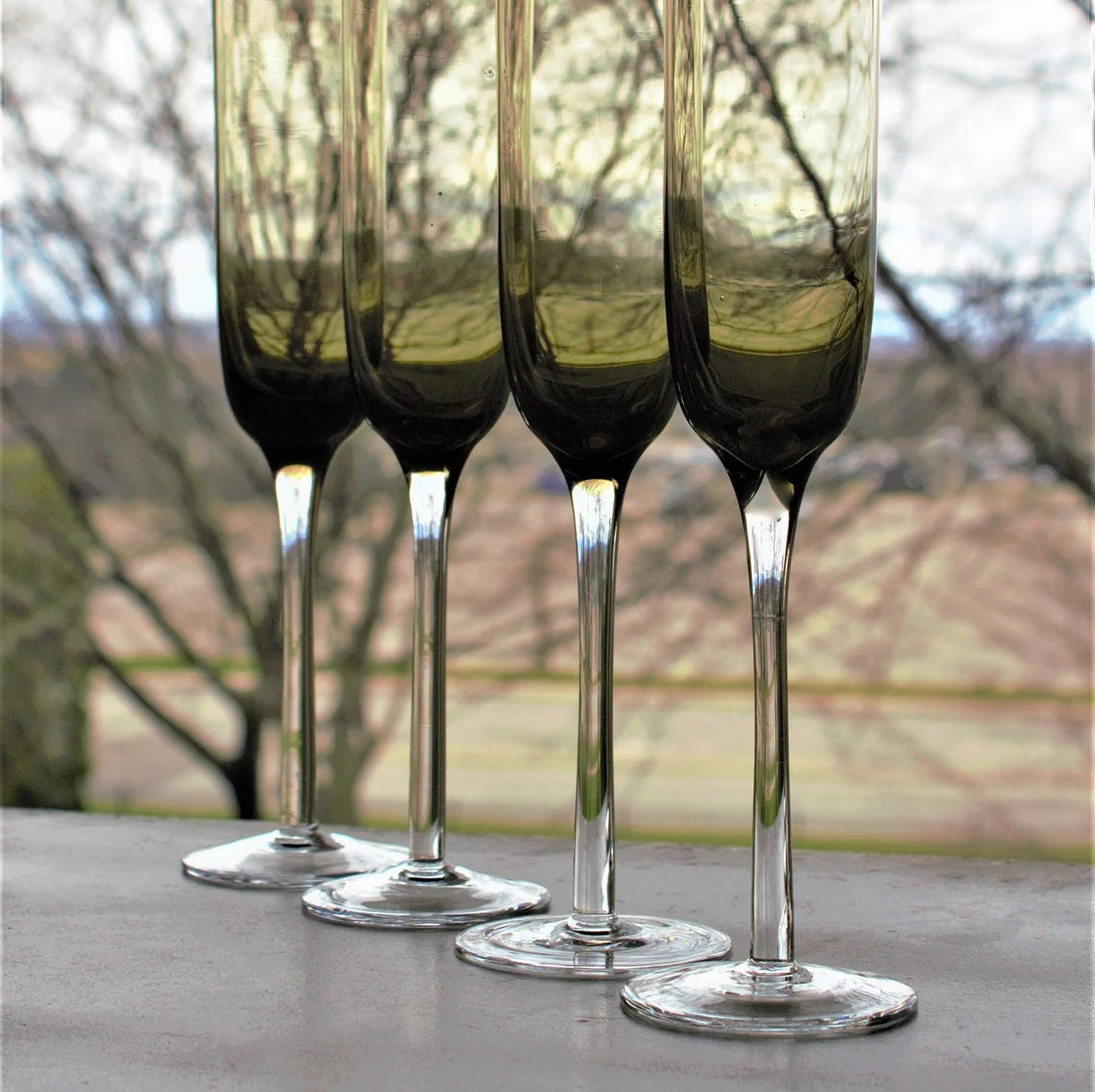 Mid-Century Modern Champagne Flutes: Set of 4 Smoky Brown Toasting Glasses