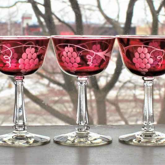 Vintage Cranberry Etched Coupe Glasses - Grape Vine Pattern, Set of 6