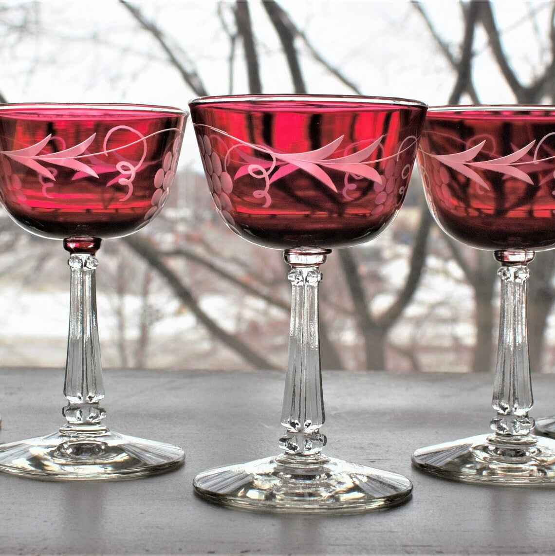 Vintage Cranberry Etched Coupe Glasses - Grape Vine Pattern, Set of 6