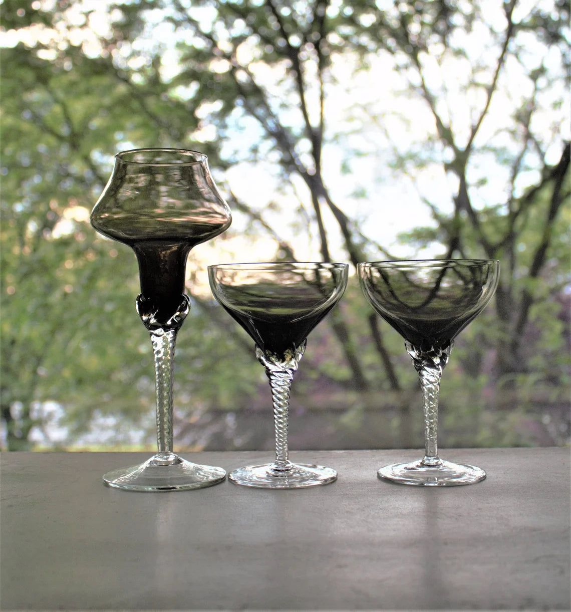 Vintage Murano Martini Glass Set: Smokey Black MCM Barware
