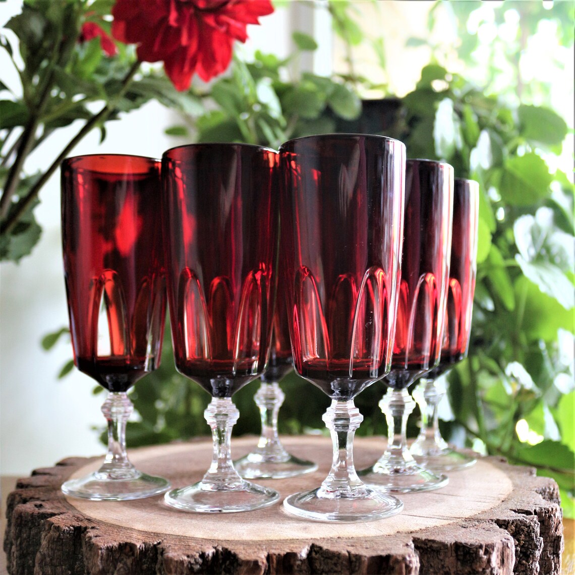 Vintage Red Cut to Clear Crystal Champagne Flutes - Set of 6