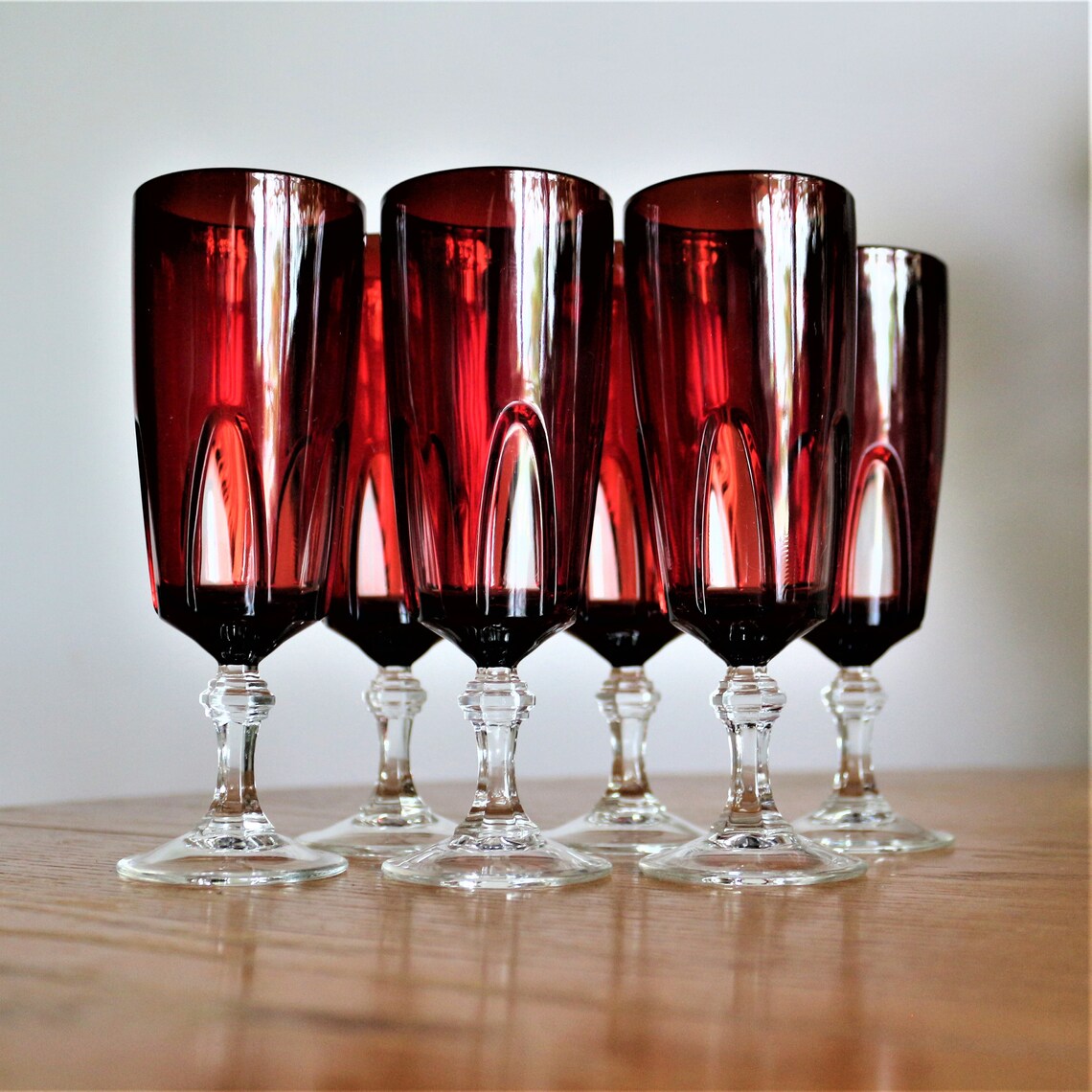Vintage Red Cut to Clear Crystal Champagne Flutes - Set of 6