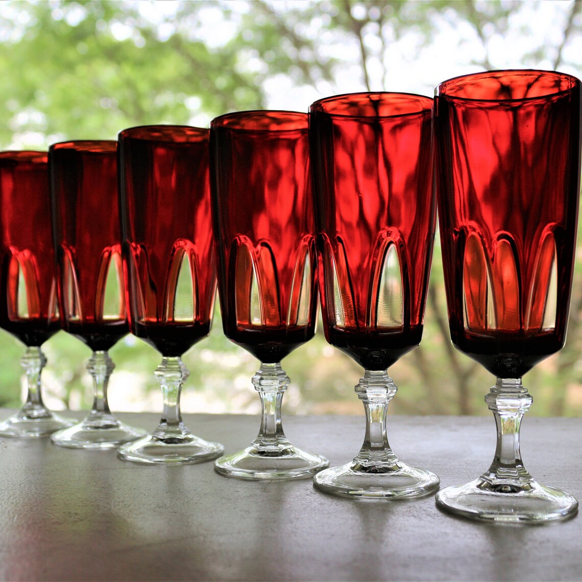 Vintage Red Cut to Clear Crystal Champagne Flutes - Set of 6