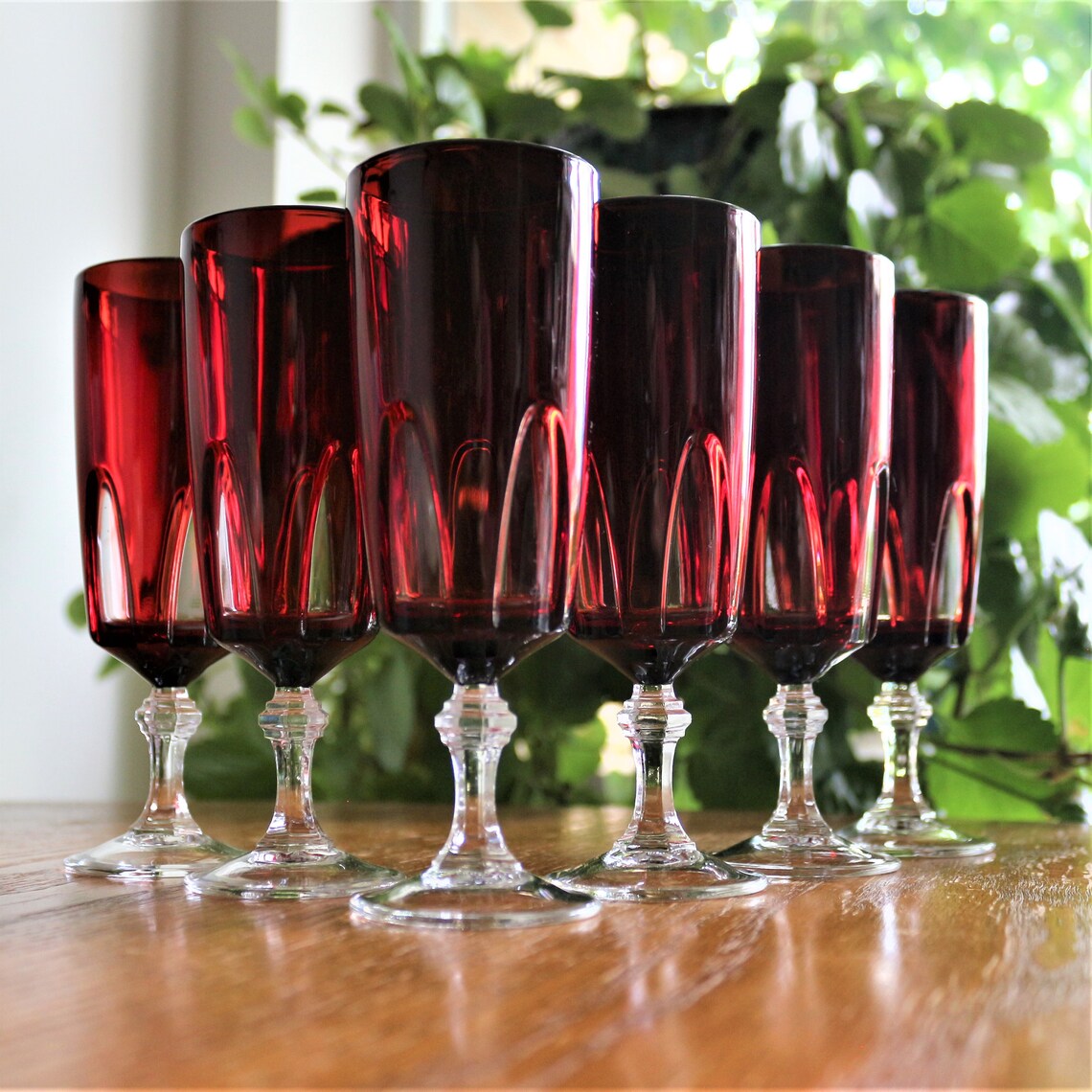 Vintage Red Cut to Clear Crystal Champagne Flutes - Set of 6