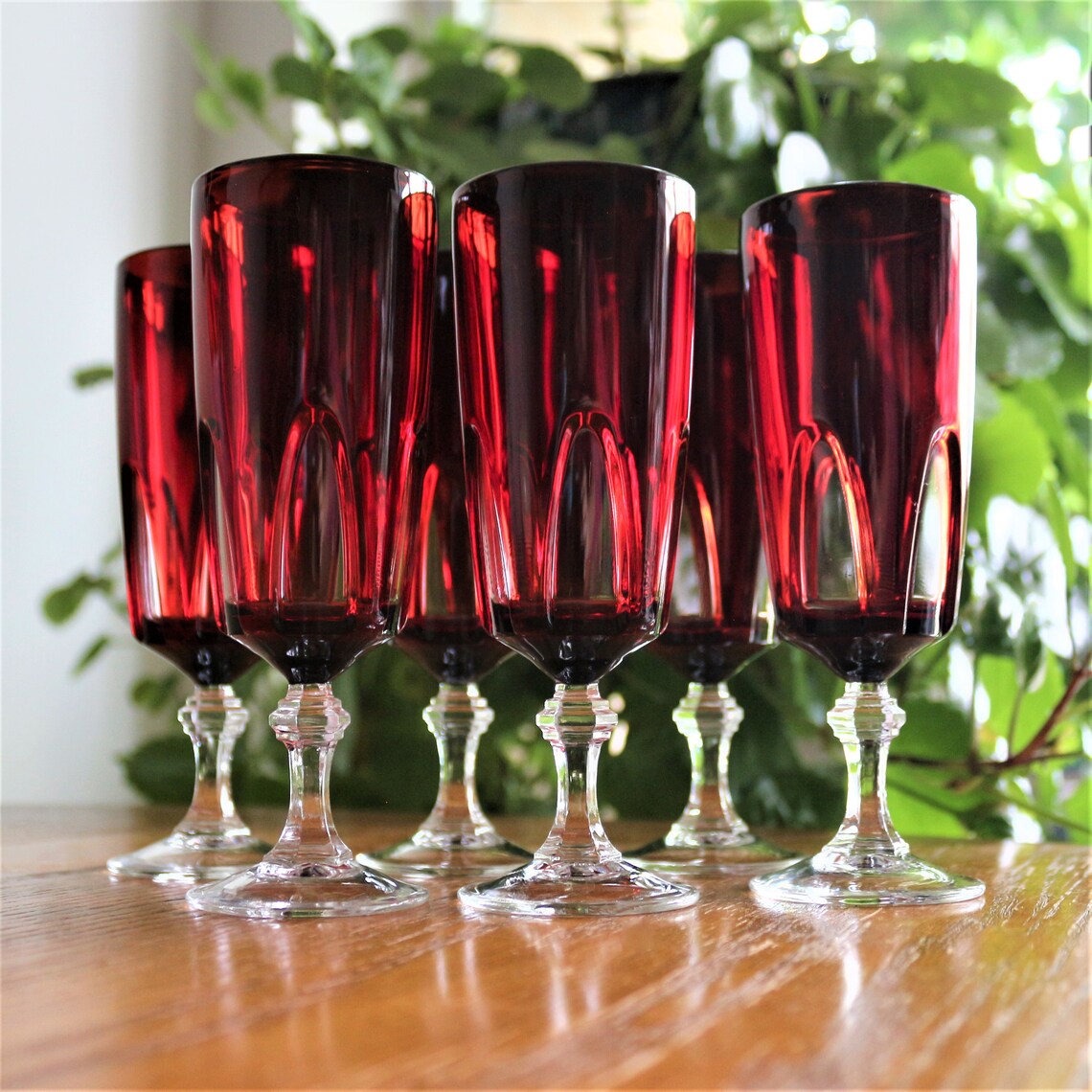 Vintage Red Cut to Clear Crystal Champagne Flutes - Set of 6