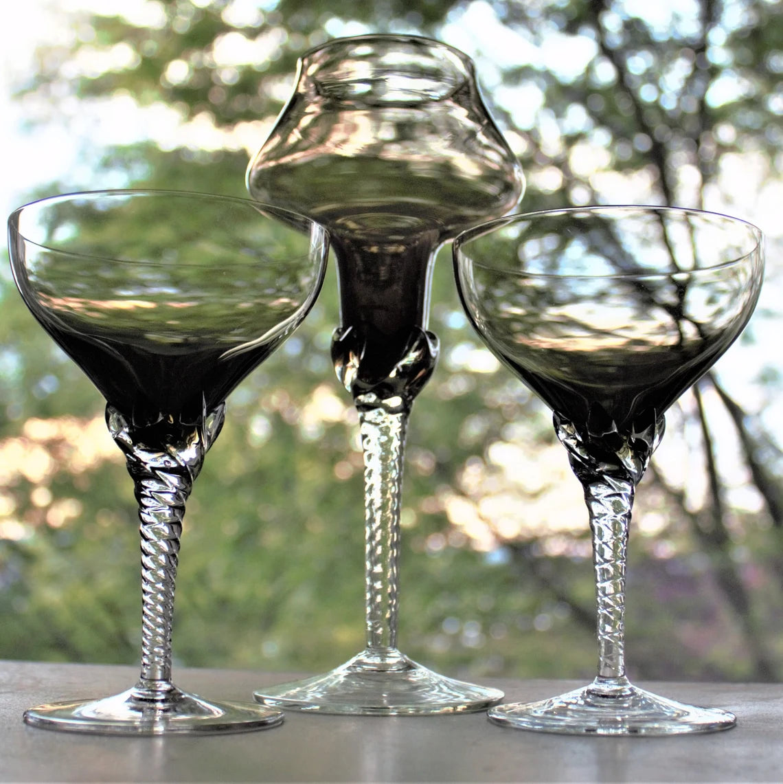 Vintage Murano Martini Glass Set: Smokey Black MCM Barware