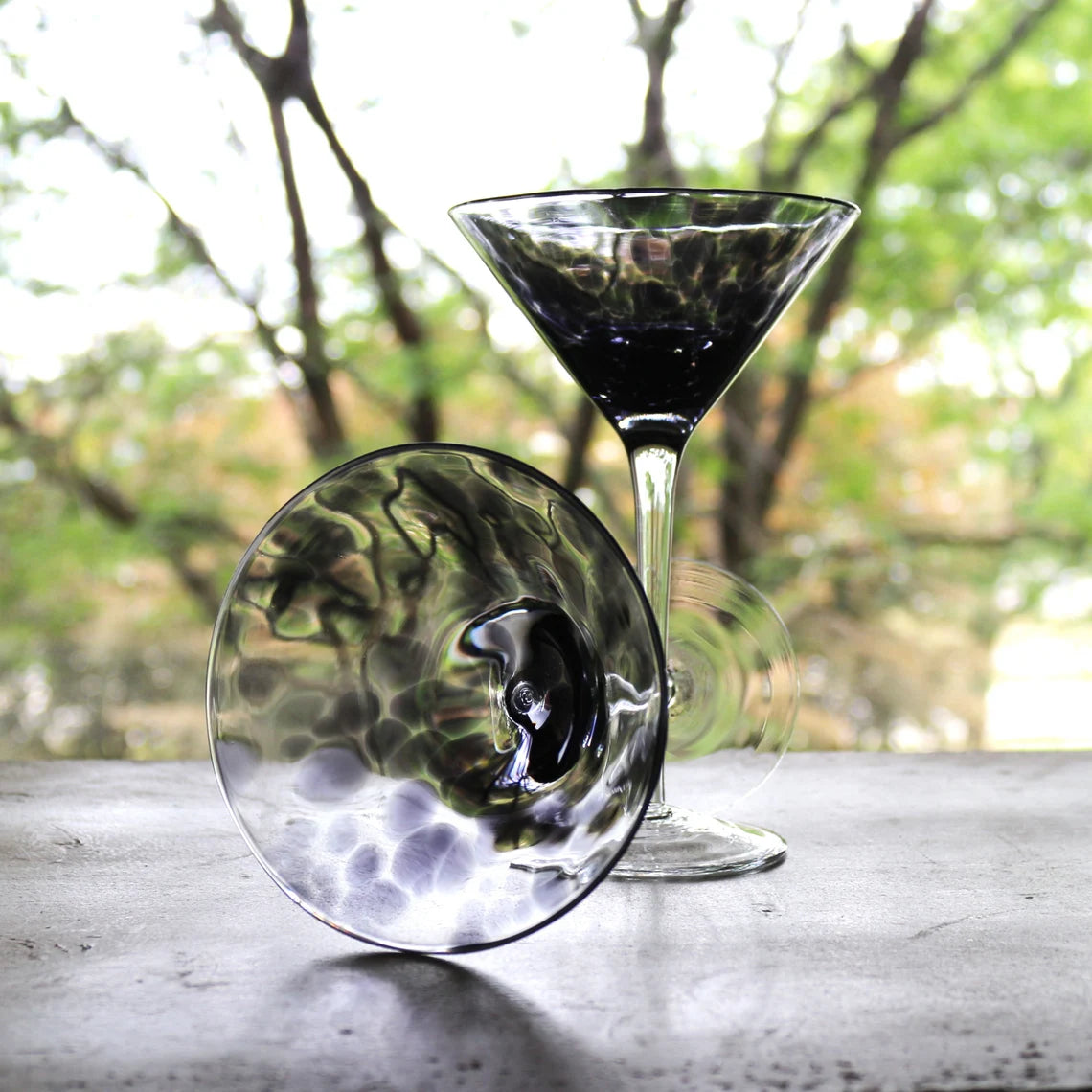 Hand Blown Martini Glasses: Black Splash Cocktail Stemware, Set of 2