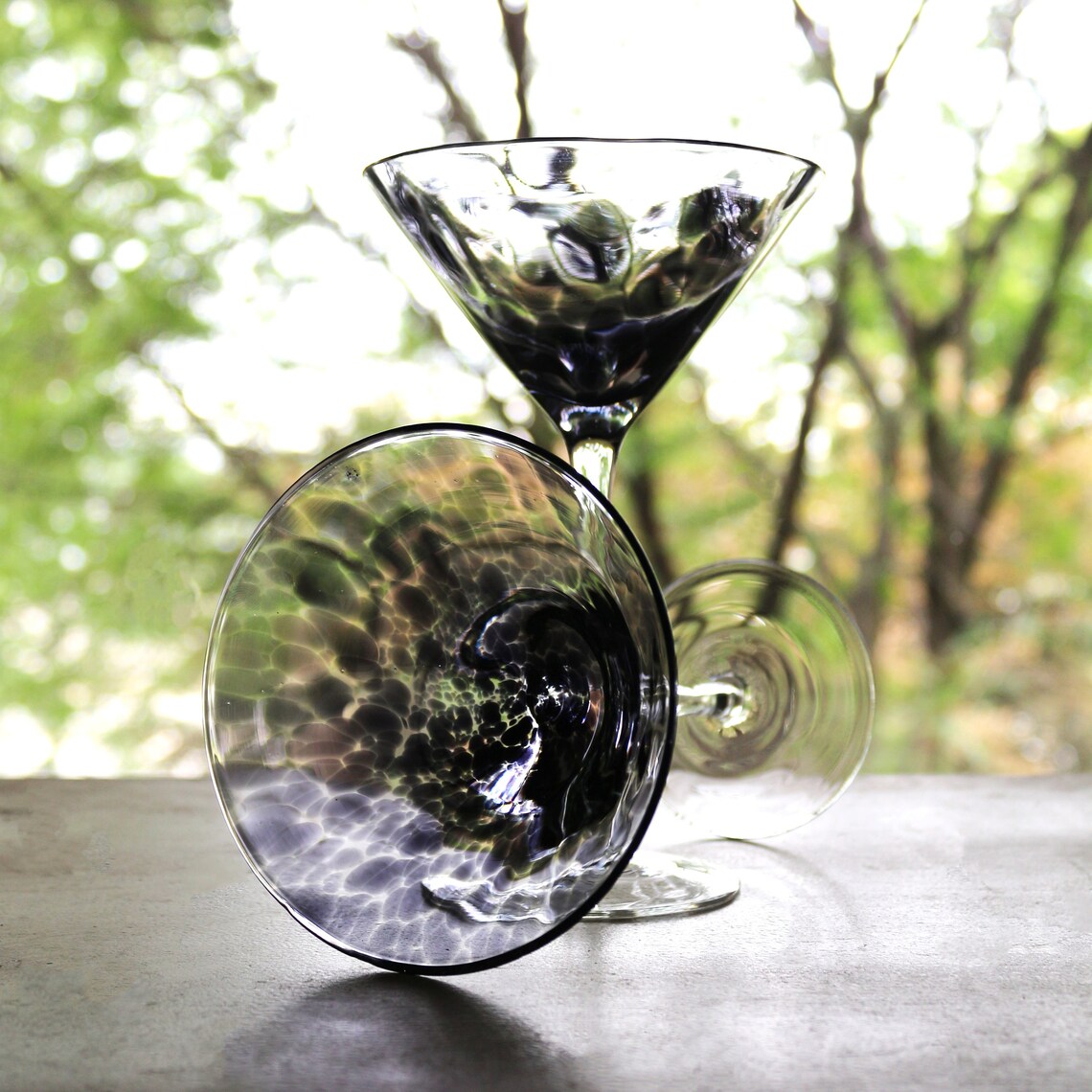 Hand Blown Martini Glasses: Black Splash Cocktail Stemware, Set of 2