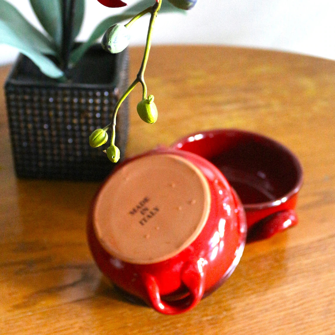 Italian Ceramic Casserole Bowls - Set of 2 Red Ovenproof Soup Crocks