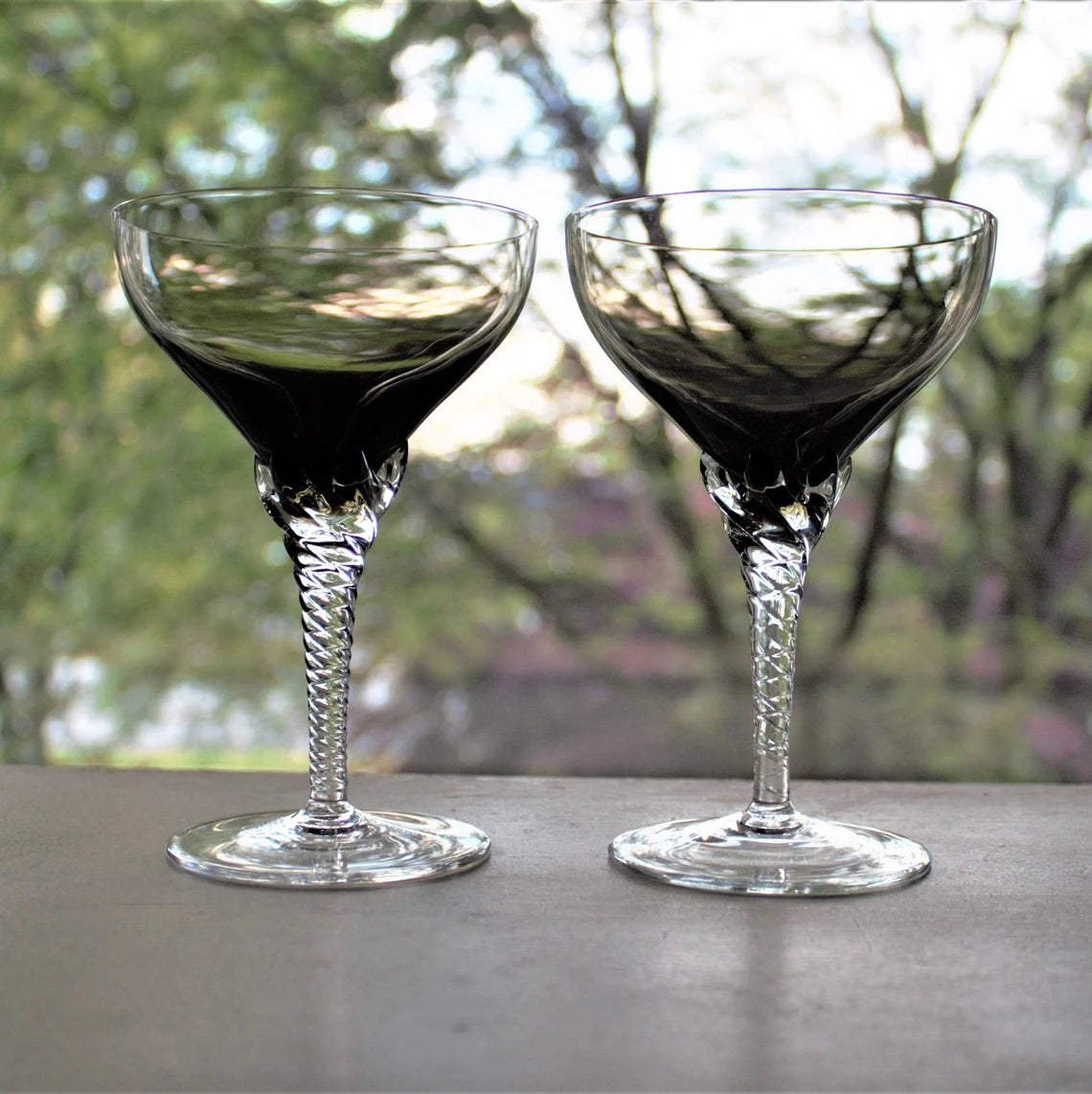 Vintage Murano Martini Glass Set: Smokey Black MCM Barware