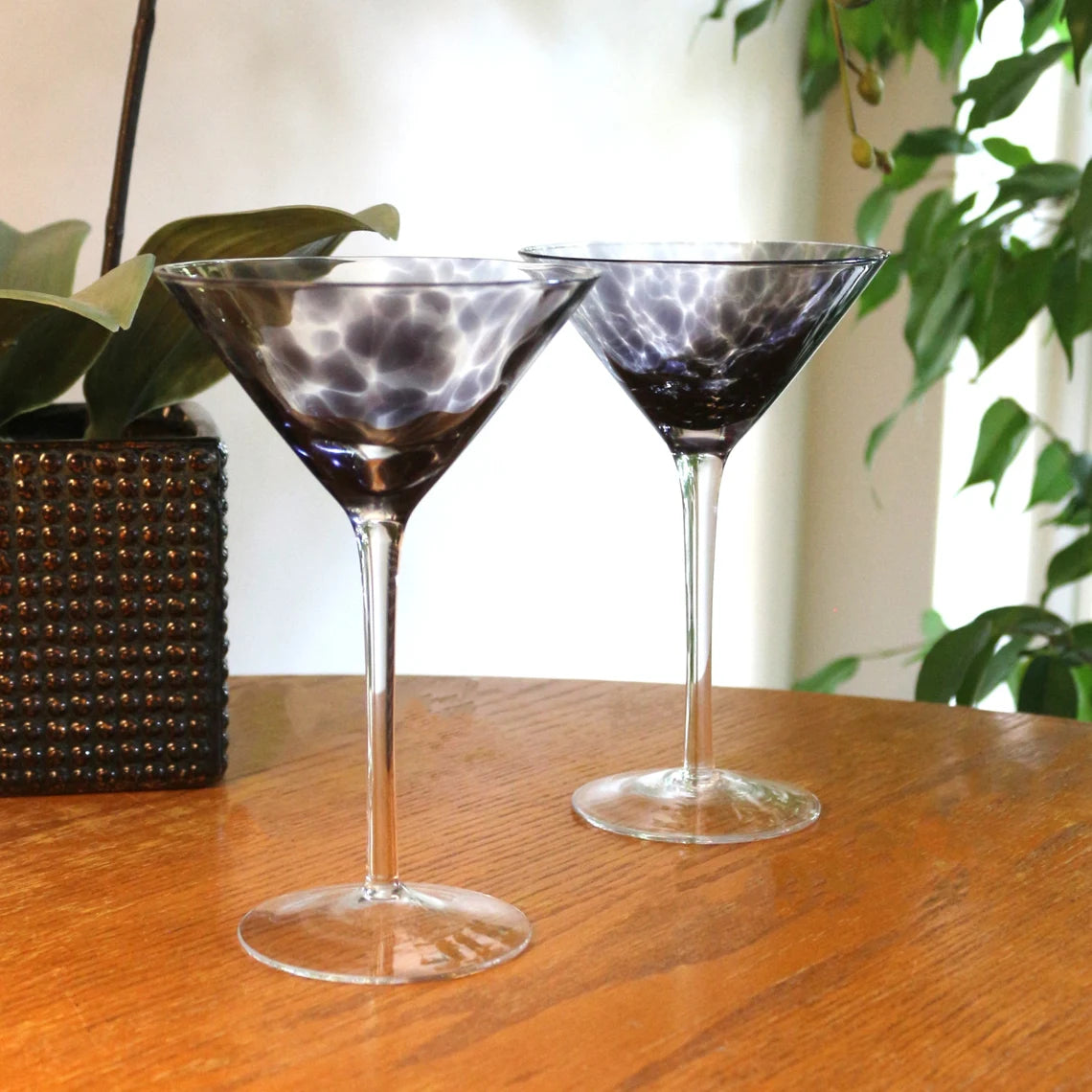Hand Blown Martini Glasses: Black Splash Cocktail Stemware, Set of 2