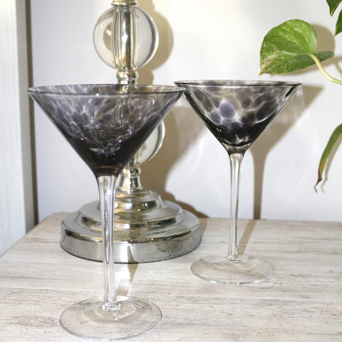 Hand Blown Martini Glasses: Black Splash Cocktail Stemware, Set of 2