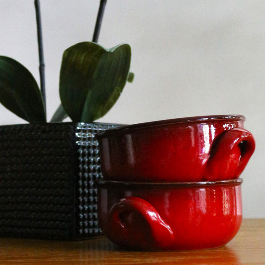 Italian Ceramic Casserole Bowls - Set of 2 Red Ovenproof Soup Crocks