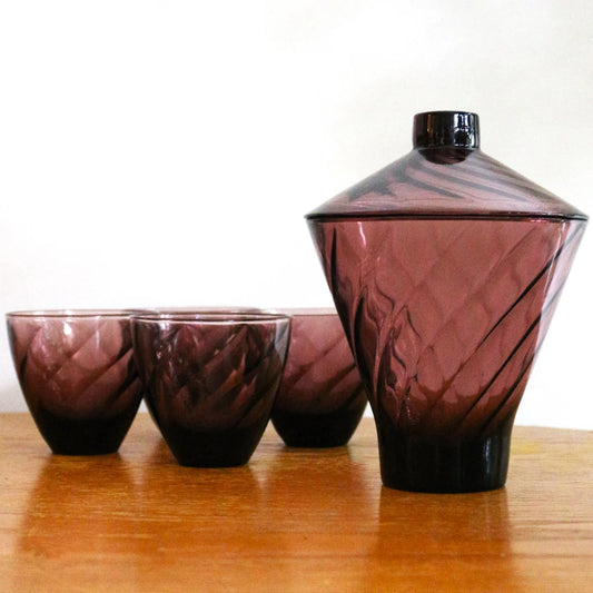 Vintage Amethyst Swirl Barware Set – 6-Piece Purple Rocks Glasses with Matching Ice Bucket