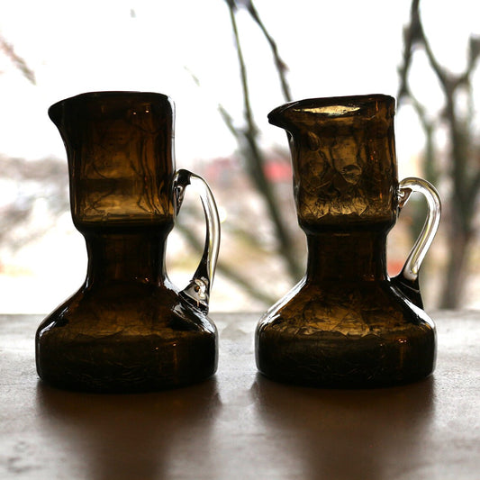 Vintage Black Crackle Glass Cruet Set: Handmade Oil & Vinegar Bottles