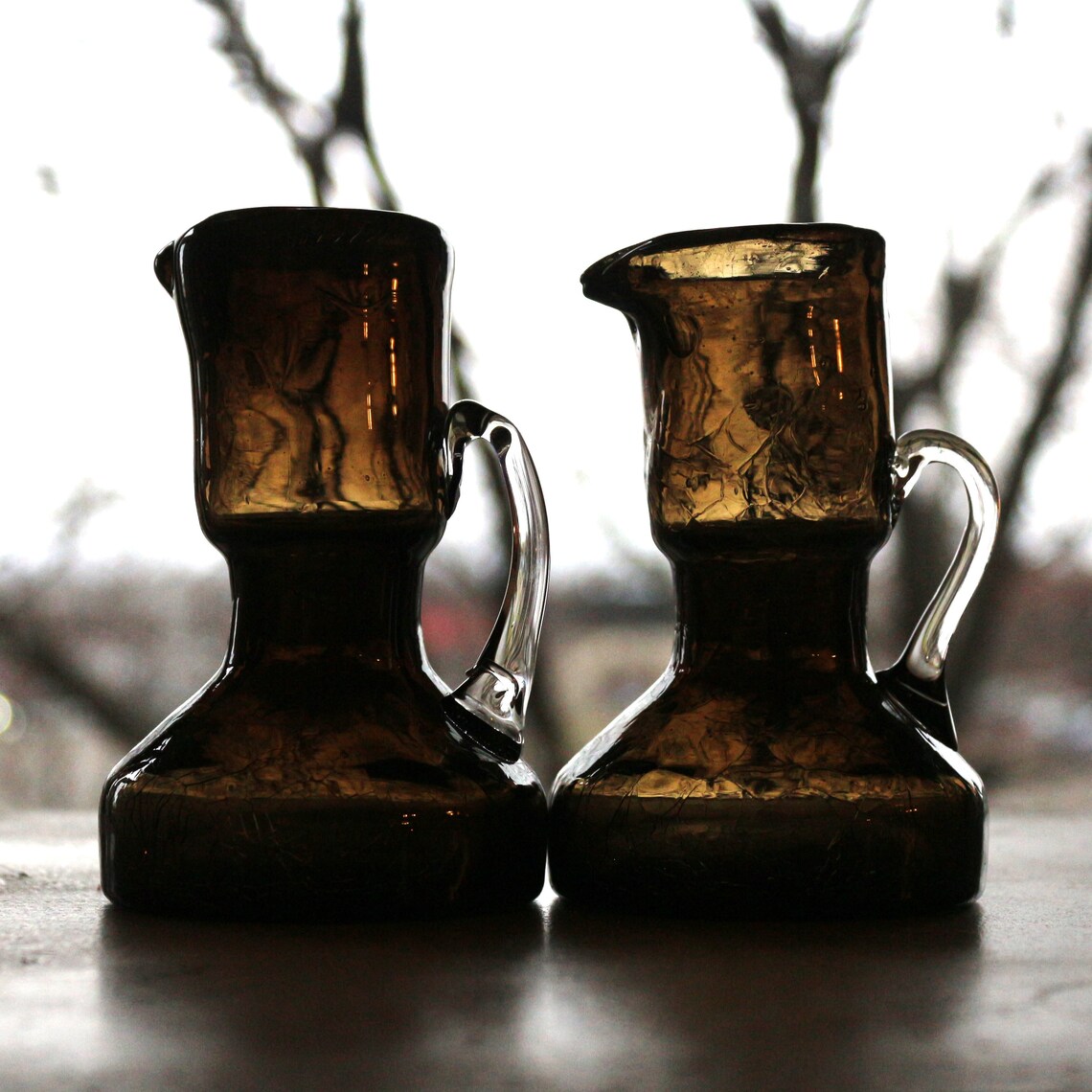 Vintage Black Crackle Glass Cruet Set: Handmade Oil & Vinegar Bottles