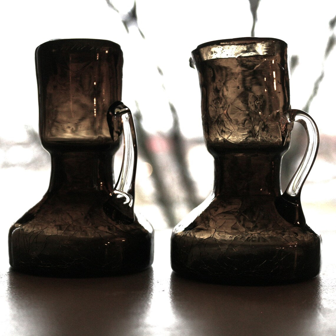 Vintage Black Crackle Glass Cruet Set: Handmade Oil & Vinegar Bottles