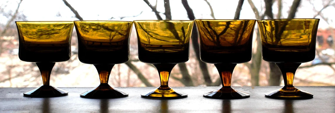 Vintage Chocolate Brown Cocktail Glasses – Set of 5 Hand-Blown Smokey Brown Glassware