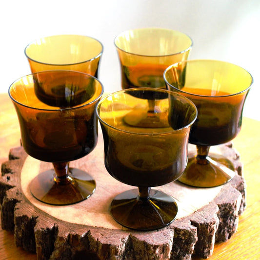 Vintage Chocolate Brown Cocktail Glasses – Set of 5 Hand-Blown Smokey Brown Glassware