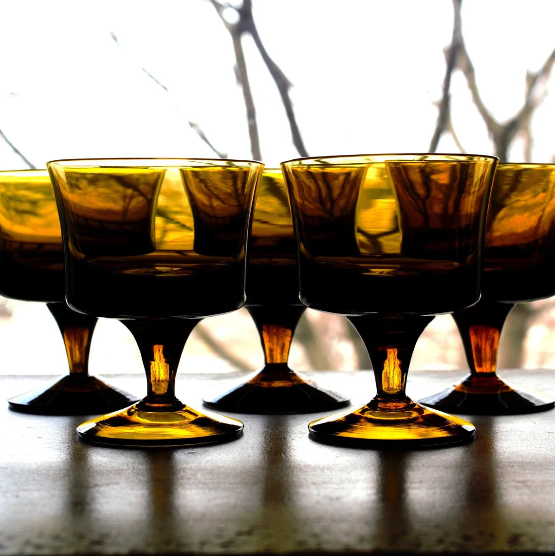 Vintage Chocolate Brown Cocktail Glasses – Set of 5 Hand-Blown Smokey Brown Glassware
