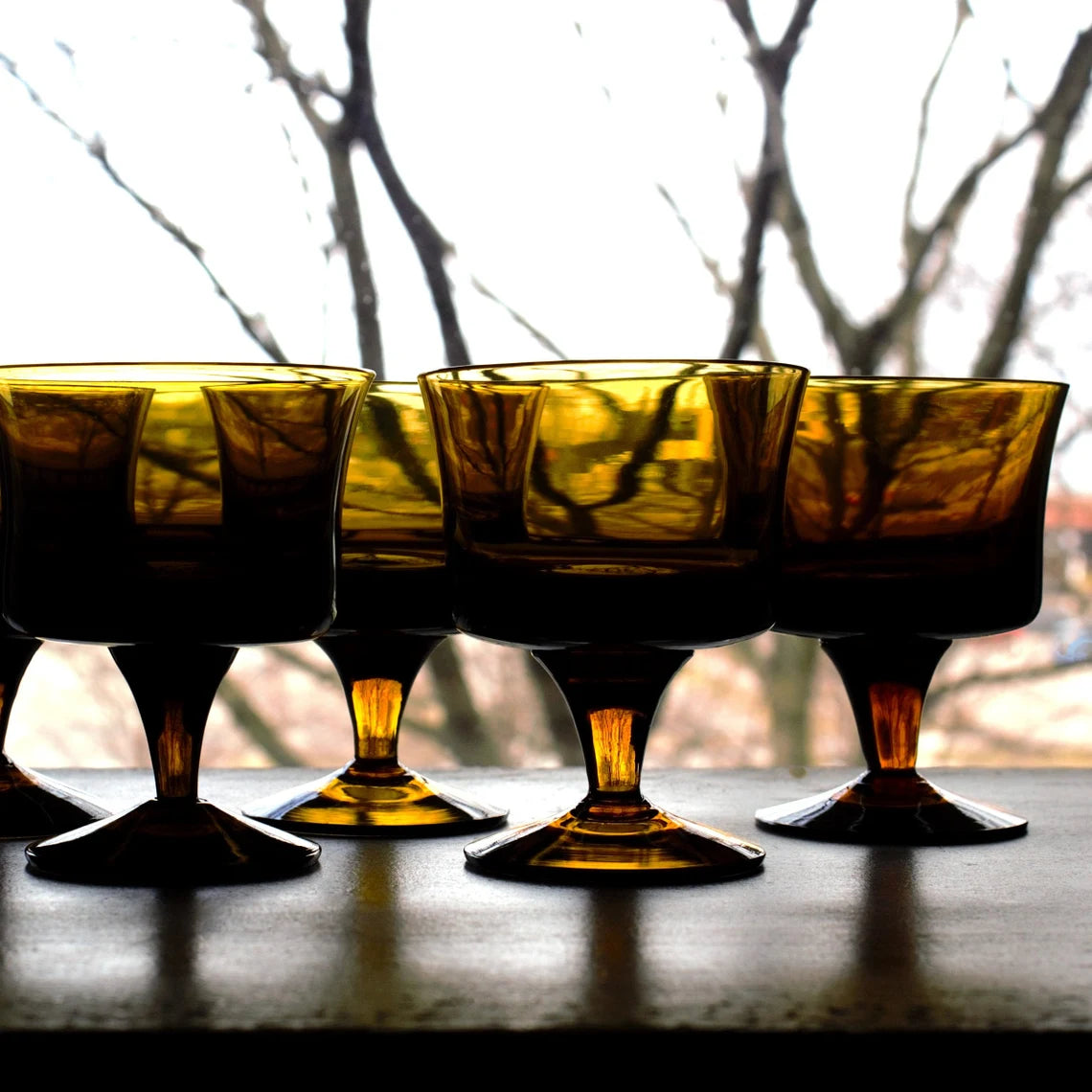 Vintage Chocolate Brown Cocktail Glasses – Set of 5 Hand-Blown Smokey Brown Glassware