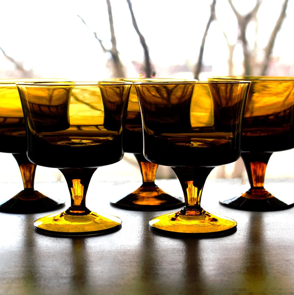 Vintage Chocolate Brown Cocktail Glasses – Set of 5 Hand-Blown Smokey Brown Glassware