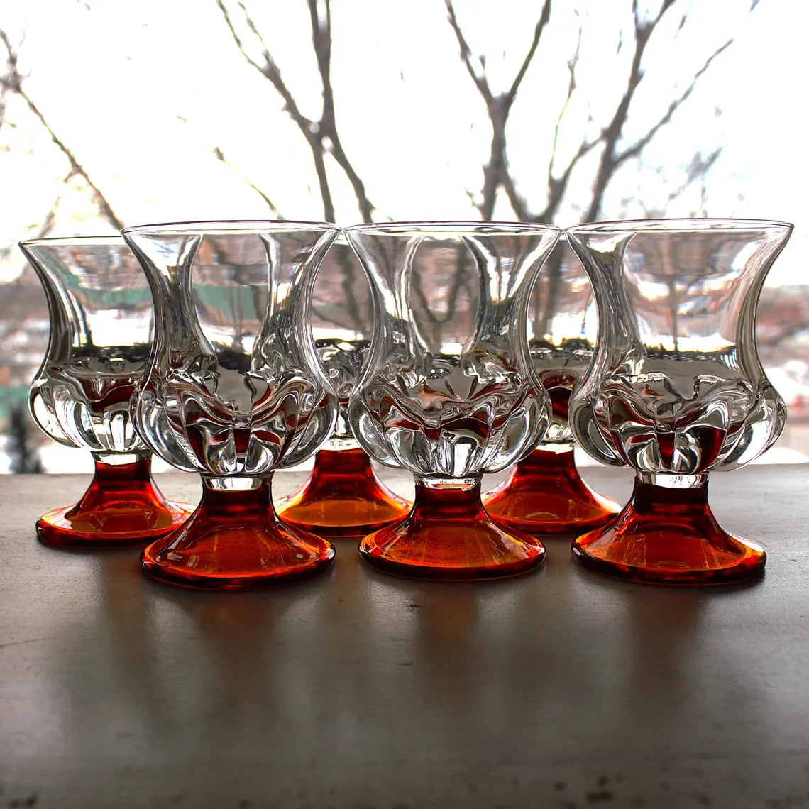 Vintage Orange Stem Cocktail Glasses – Set of 6 Hand-Blown Amberina Art Glass Barware