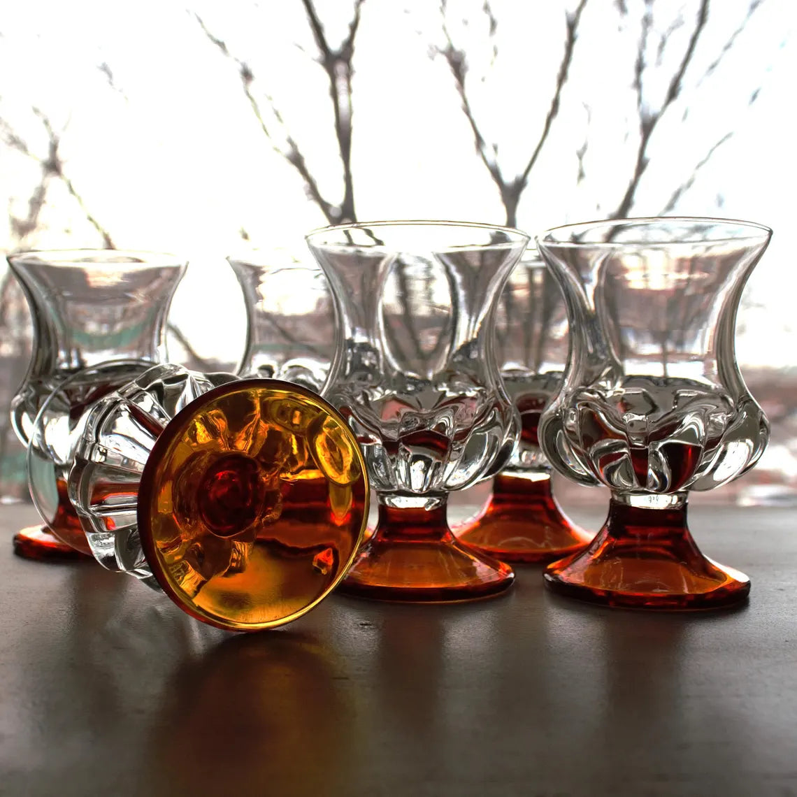 Vintage Orange Stem Cocktail Glasses – Set of 6 Hand-Blown Amberina Art Glass Barware
