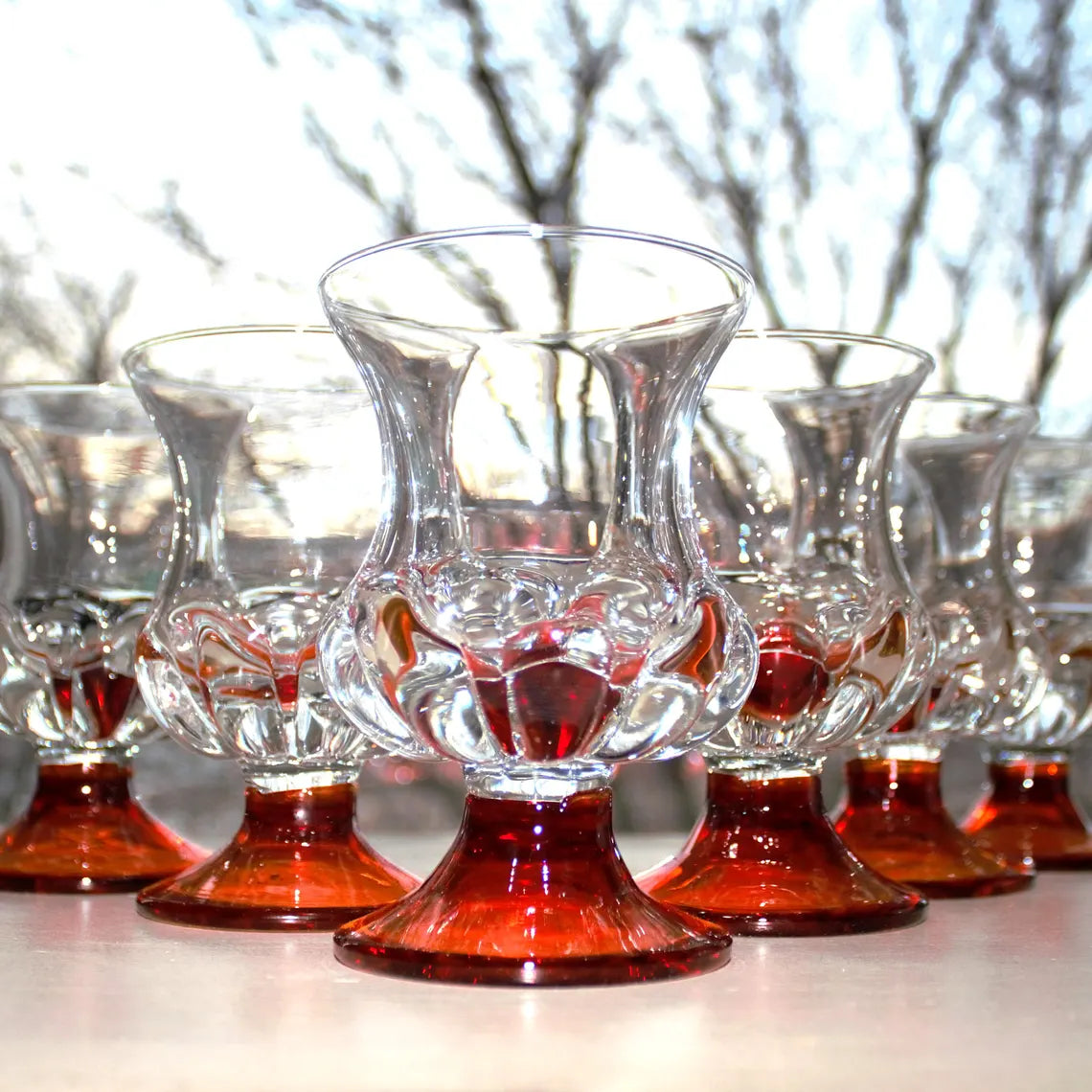 Vintage Orange Stem Cocktail Glasses – Set of 6 Hand-Blown Amberina Art Glass Barware