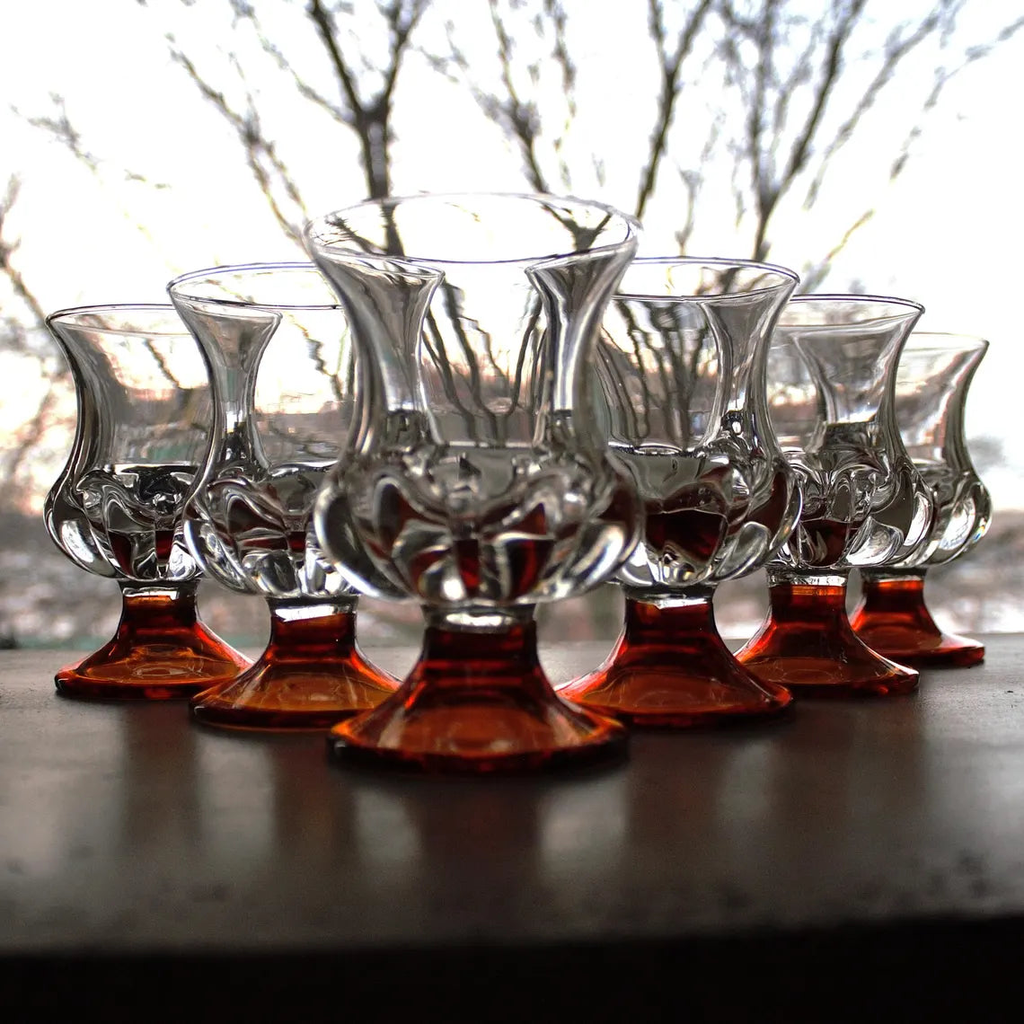 Vintage Orange Stem Cocktail Glasses – Set of 6 Hand-Blown Amberina Art Glass Barware