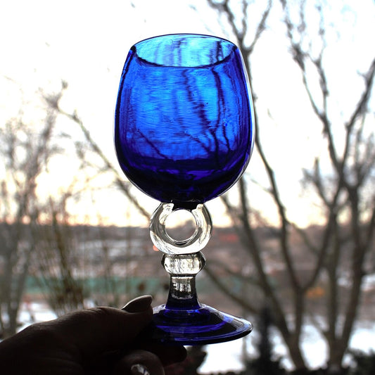 Handblown Cobalt Blue Wine Glass Set - Unique Circle Stem, 2pc