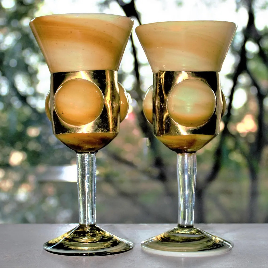 Hand Blown Amber Swirl Wine Goblets with Brass Details - Set of 2 Cased Glass