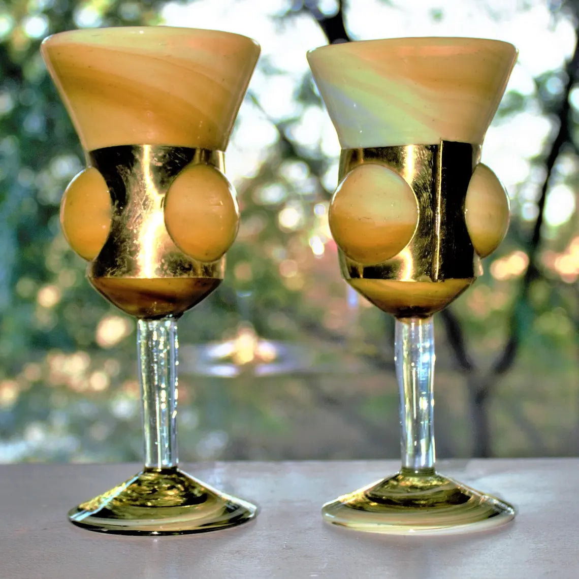Hand Blown Amber Swirl Wine Goblets with Brass Details - Set of 2 Cased Glass