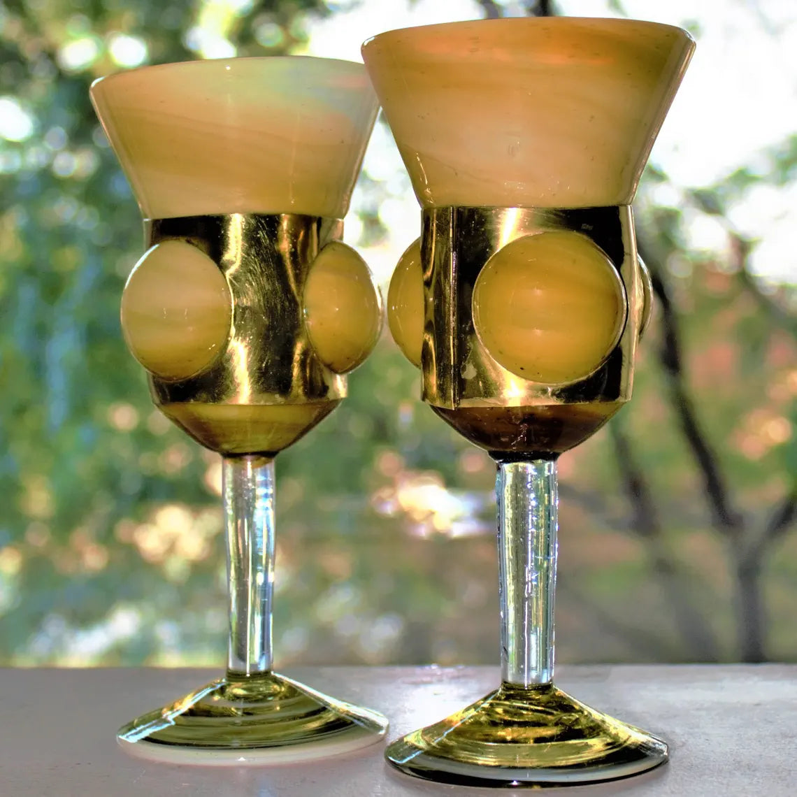 Hand Blown Amber Swirl Wine Goblets with Brass Details - Set of 2 Cased Glass
