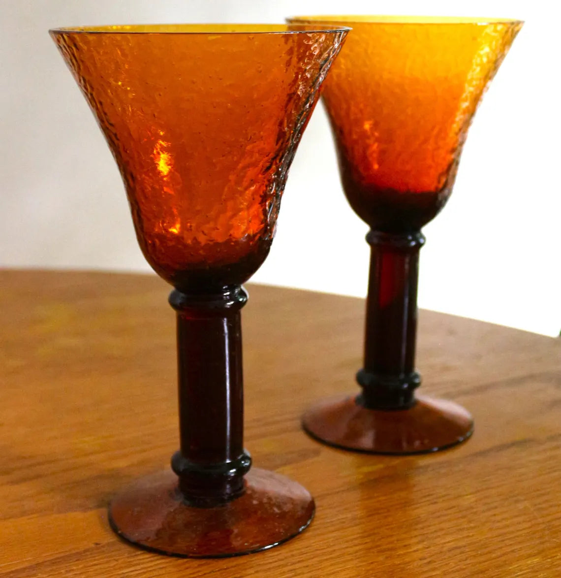 Hand Blown Amber Wine Goblets - Textured Golden Glassware Set of 2