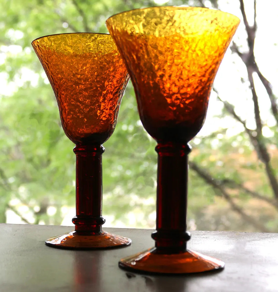 Hand Blown Amber Wine Goblets - Textured Golden Glassware Set of 2