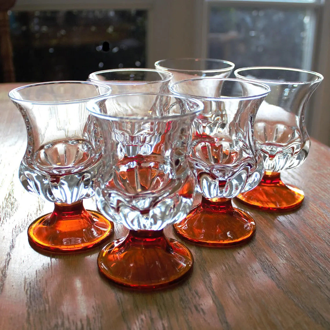 Vintage Orange Stem Cocktail Glasses – Set of 6 Hand-Blown Amberina Art Glass Barware