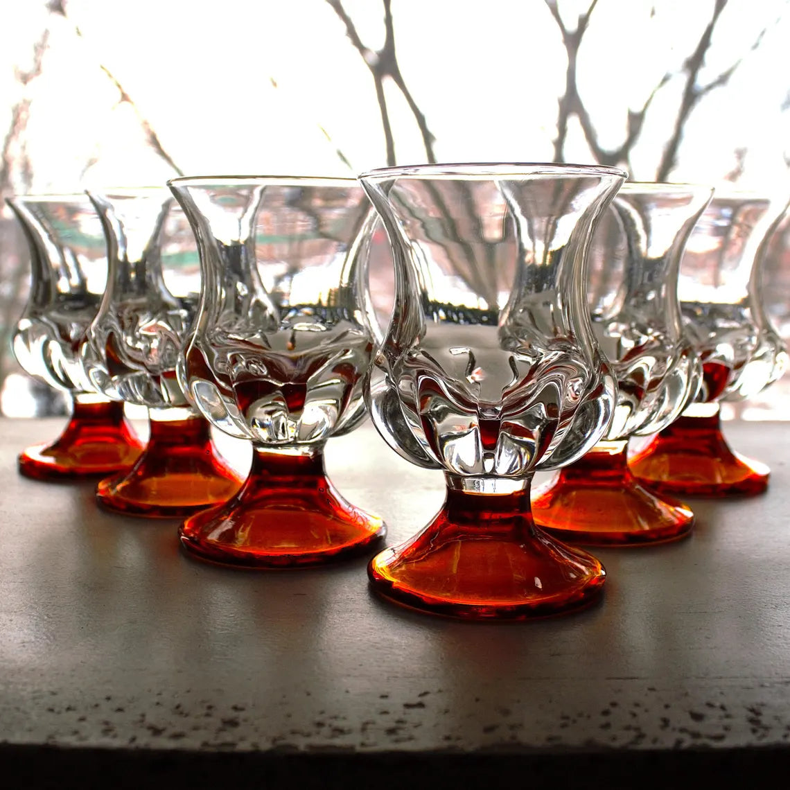 Vintage Orange Stem Cocktail Glasses – Set of 6 Hand-Blown Amberina Art Glass Barware