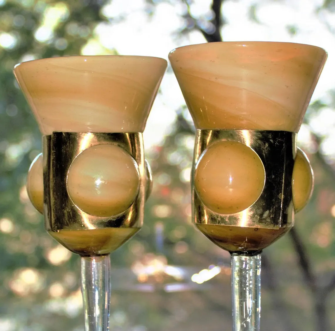 Hand Blown Amber Swirl Wine Goblets with Brass Details - Set of 2 Cased Glass