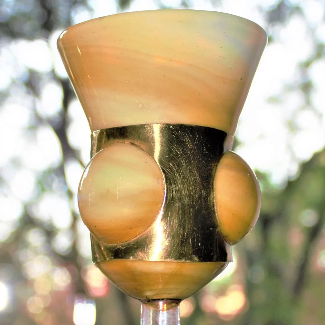 Hand Blown Amber Swirl Wine Goblets with Brass Details - Set of 2 Cased Glass