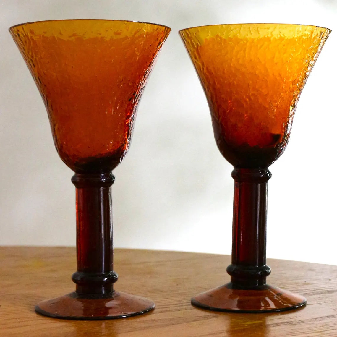 Hand Blown Amber Wine Goblets - Textured Golden Glassware Set of 2